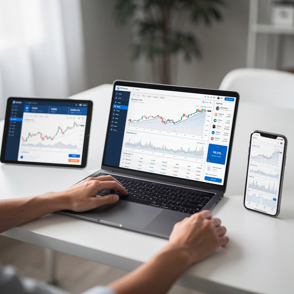 EG-Finance Fx trading platform interface showing multi-device access on web, desktop, and mobile applications